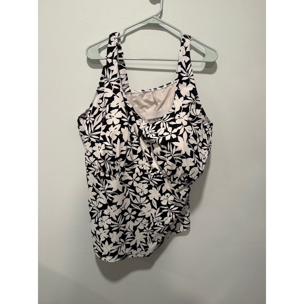 Lands End Womens 24W G Tankini Top Black White Floral Underwire Swim Plus Size